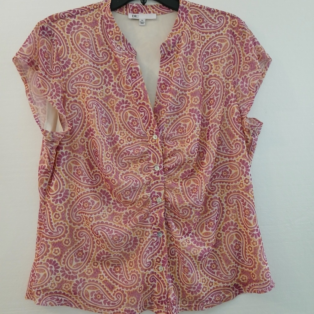 DR2 Lady Blouse Button Up Sz XL Sleeveless Lined Lilac Yellow White Paisley...